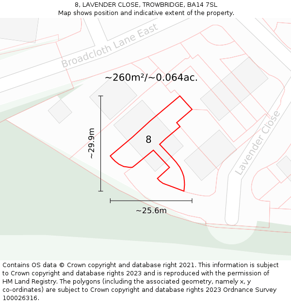 8, LAVENDER CLOSE, TROWBRIDGE, BA14 7SL: Plot and title map