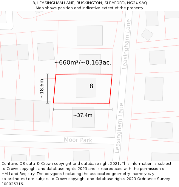 8, LEASINGHAM LANE, RUSKINGTON, SLEAFORD, NG34 9AQ: Plot and title map