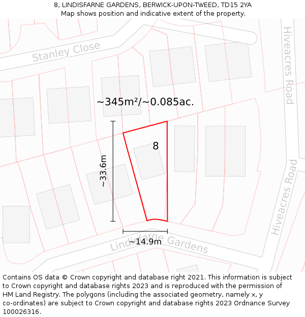 8, LINDISFARNE GARDENS, BERWICK-UPON-TWEED, TD15 2YA: Plot and title map