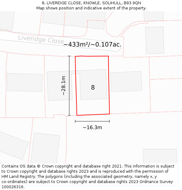 8, LIVERIDGE CLOSE, KNOWLE, SOLIHULL, B93 9QN: Plot and title map