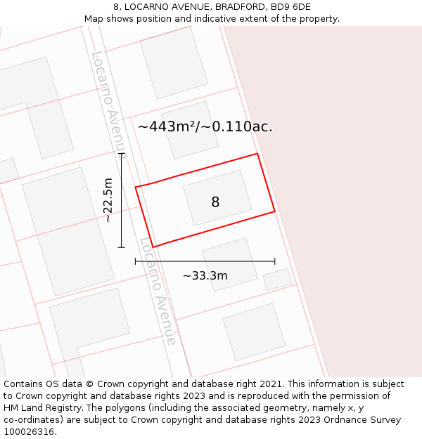 8, LOCARNO AVENUE, BRADFORD, BD9 6DE: Plot and title map