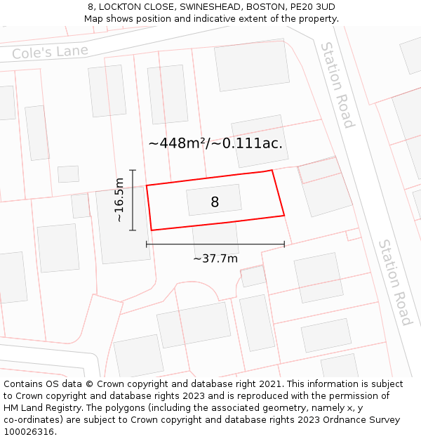 8, LOCKTON CLOSE, SWINESHEAD, BOSTON, PE20 3UD: Plot and title map