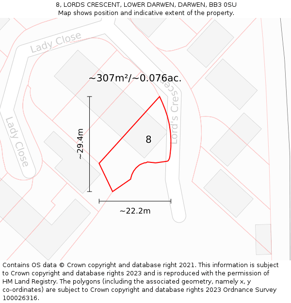 8, LORDS CRESCENT, LOWER DARWEN, DARWEN, BB3 0SU: Plot and title map