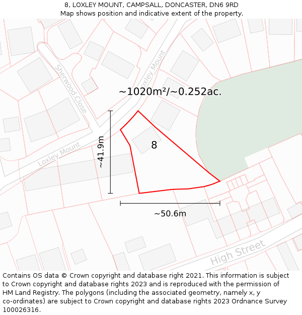 8, LOXLEY MOUNT, CAMPSALL, DONCASTER, DN6 9RD: Plot and title map