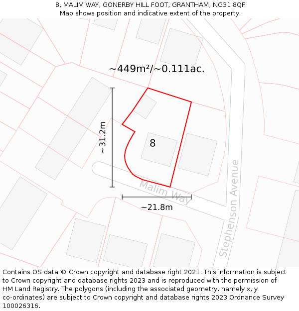 8, MALIM WAY, GONERBY HILL FOOT, GRANTHAM, NG31 8QF: Plot and title map