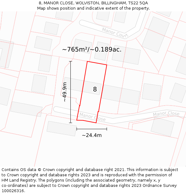 8, MANOR CLOSE, WOLVISTON, BILLINGHAM, TS22 5QA: Plot and title map