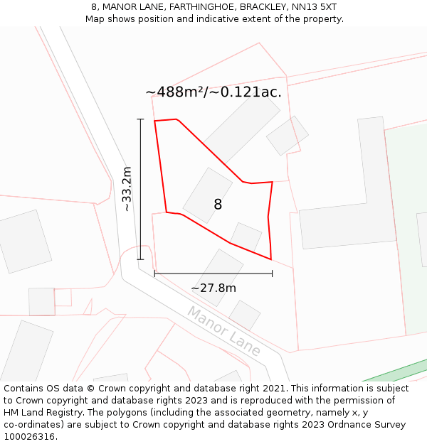 8, MANOR LANE, FARTHINGHOE, BRACKLEY, NN13 5XT: Plot and title map