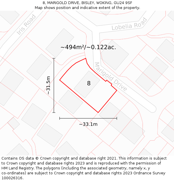 8, MARIGOLD DRIVE, BISLEY, WOKING, GU24 9SF: Plot and title map