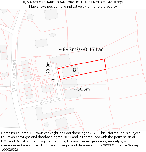 8, MARKS ORCHARD, GRANBOROUGH, BUCKINGHAM, MK18 3QS: Plot and title map