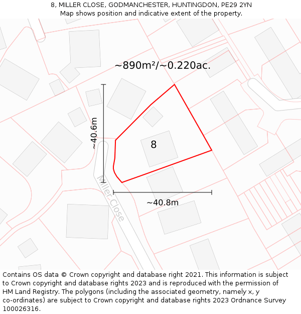 8, MILLER CLOSE, GODMANCHESTER, HUNTINGDON, PE29 2YN: Plot and title map