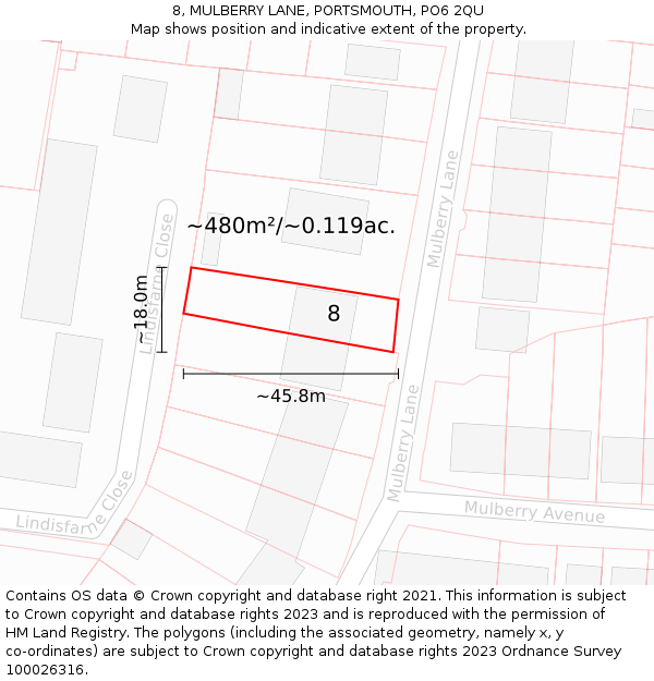 8, MULBERRY LANE, PORTSMOUTH, PO6 2QU: Plot and title map