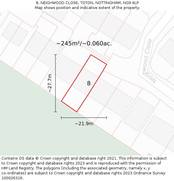 8, NEIGHWOOD CLOSE, TOTON, NOTTINGHAM, NG9 6LP: Plot and title map