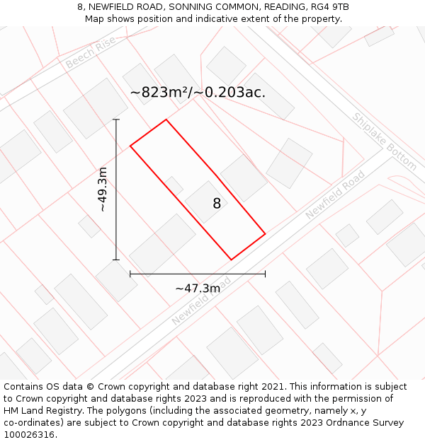 8, NEWFIELD ROAD, SONNING COMMON, READING, RG4 9TB: Plot and title map