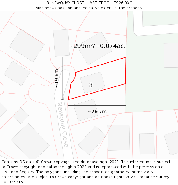 8, NEWQUAY CLOSE, HARTLEPOOL, TS26 0XG: Plot and title map