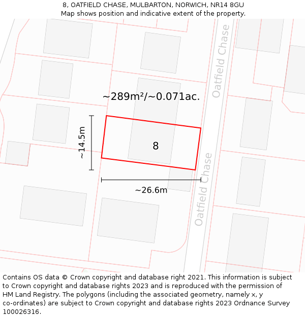 8, OATFIELD CHASE, MULBARTON, NORWICH, NR14 8GU: Plot and title map