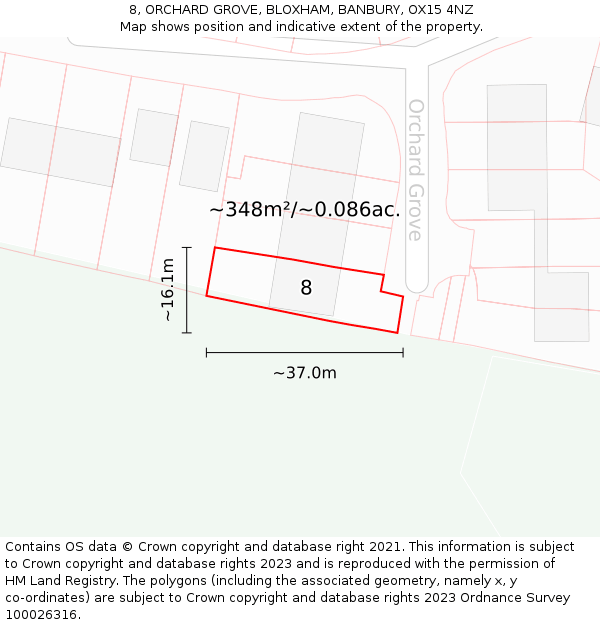 8, ORCHARD GROVE, BLOXHAM, BANBURY, OX15 4NZ: Plot and title map