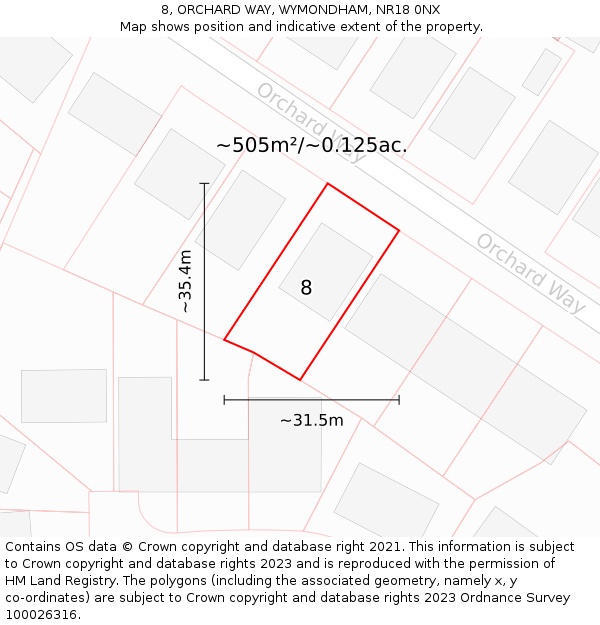 8, ORCHARD WAY, WYMONDHAM, NR18 0NX: Plot and title map