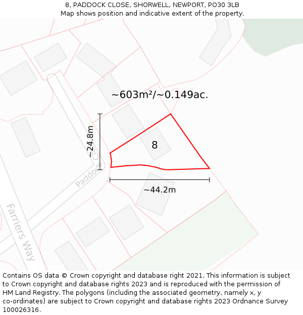 8, PADDOCK CLOSE, SHORWELL, NEWPORT, PO30 3LB: Plot and title map