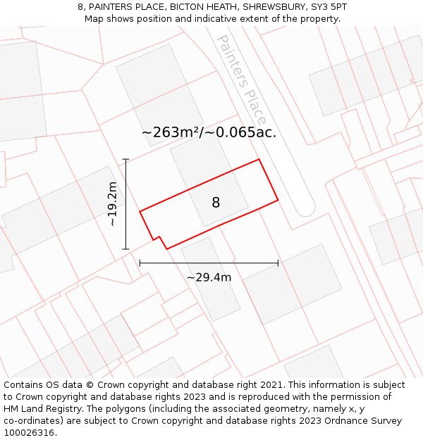 8, PAINTERS PLACE, BICTON HEATH, SHREWSBURY, SY3 5PT: Plot and title map