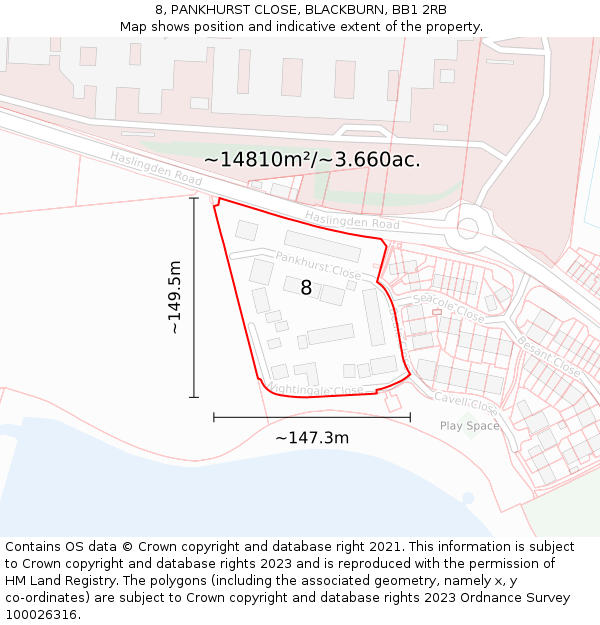 8, PANKHURST CLOSE, BLACKBURN, BB1 2RB: Plot and title map