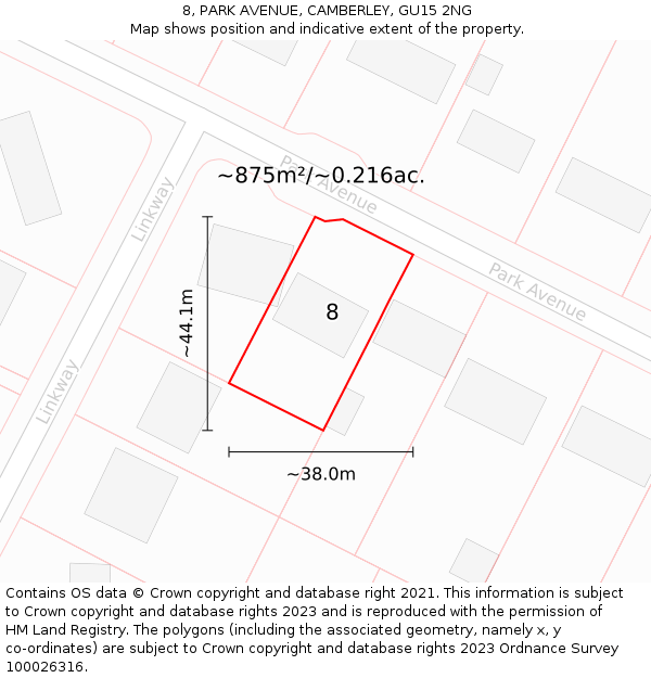 8, PARK AVENUE, CAMBERLEY, GU15 2NG: Plot and title map