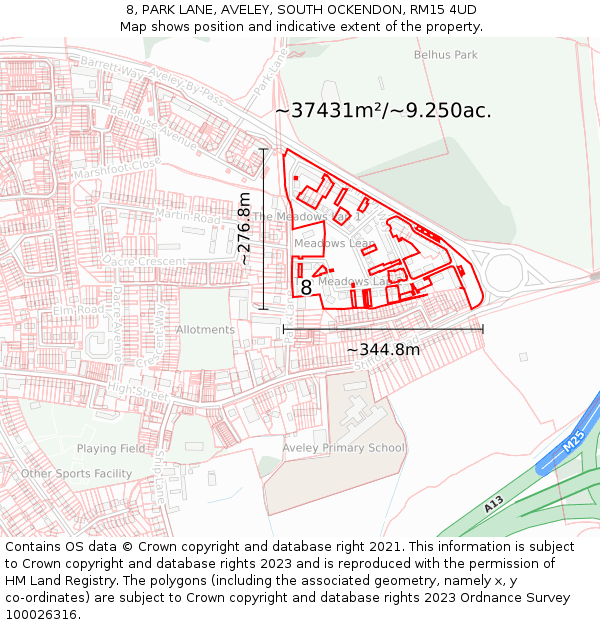 8, PARK LANE, AVELEY, SOUTH OCKENDON, RM15 4UD: Plot and title map