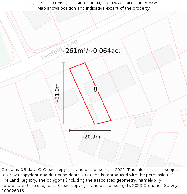 8, PENFOLD LANE, HOLMER GREEN, HIGH WYCOMBE, HP15 6XW: Plot and title map