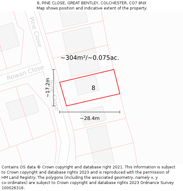 8, PINE CLOSE, GREAT BENTLEY, COLCHESTER, CO7 8NX: Plot and title map