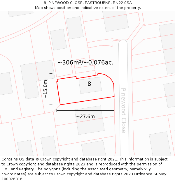 8, PINEWOOD CLOSE, EASTBOURNE, BN22 0SA: Plot and title map