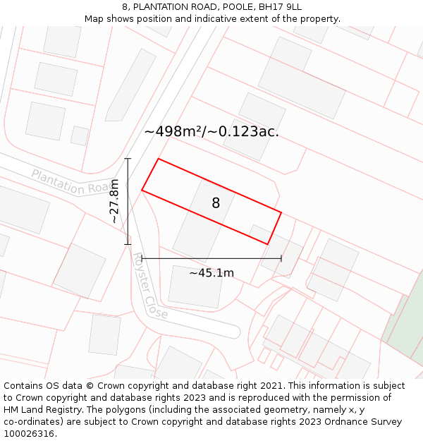 8, PLANTATION ROAD, POOLE, BH17 9LL: Plot and title map