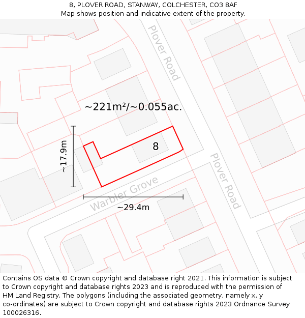 8, PLOVER ROAD, STANWAY, COLCHESTER, CO3 8AF: Plot and title map