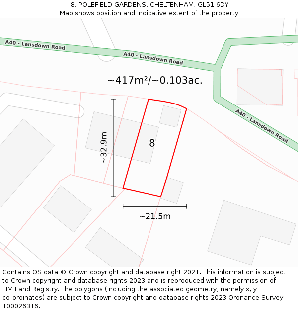 8, POLEFIELD GARDENS, CHELTENHAM, GL51 6DY: Plot and title map