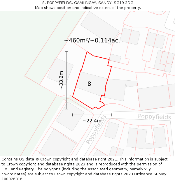 8, POPPYFIELDS, GAMLINGAY, SANDY, SG19 3DG: Plot and title map