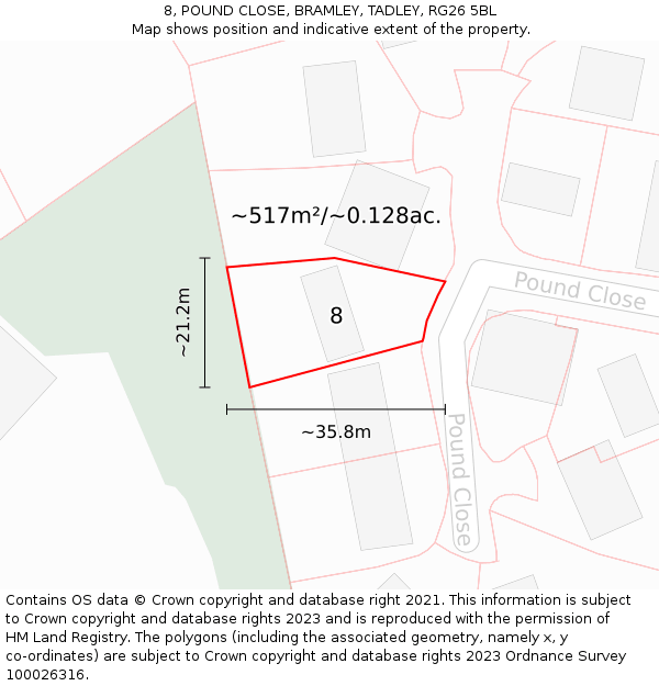 8, POUND CLOSE, BRAMLEY, TADLEY, RG26 5BL: Plot and title map