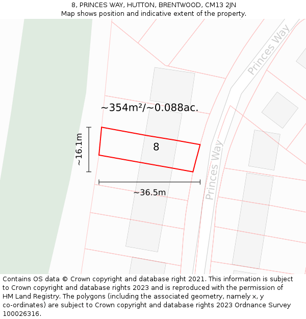 8, PRINCES WAY, HUTTON, BRENTWOOD, CM13 2JN: Plot and title map