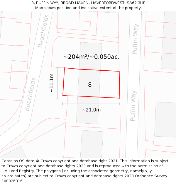 8, PUFFIN WAY, BROAD HAVEN, HAVERFORDWEST, SA62 3HP: Plot and title map