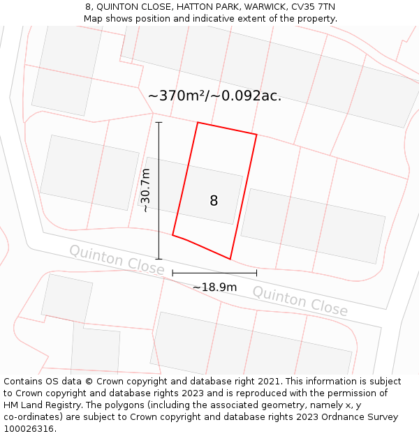 8, QUINTON CLOSE, HATTON PARK, WARWICK, CV35 7TN: Plot and title map