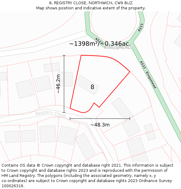 8, REGISTRY CLOSE, NORTHWICH, CW9 8UZ: Plot and title map