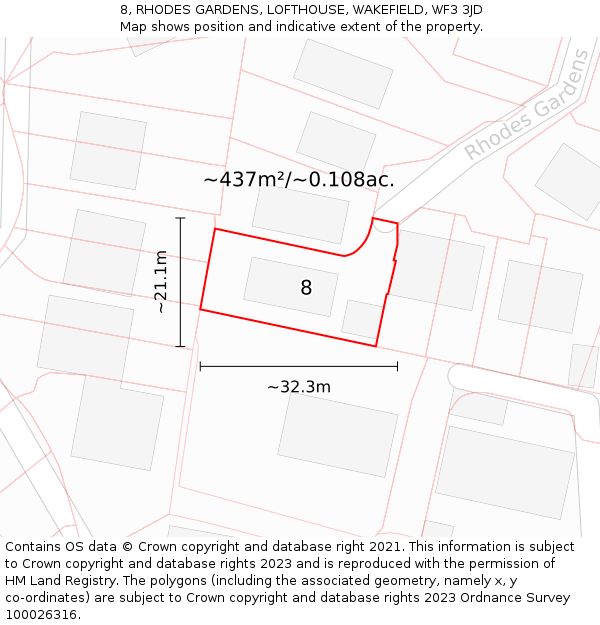 8, RHODES GARDENS, LOFTHOUSE, WAKEFIELD, WF3 3JD: Plot and title map