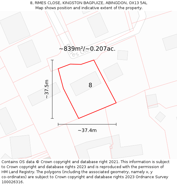 8, RIMES CLOSE, KINGSTON BAGPUIZE, ABINGDON, OX13 5AL: Plot and title map