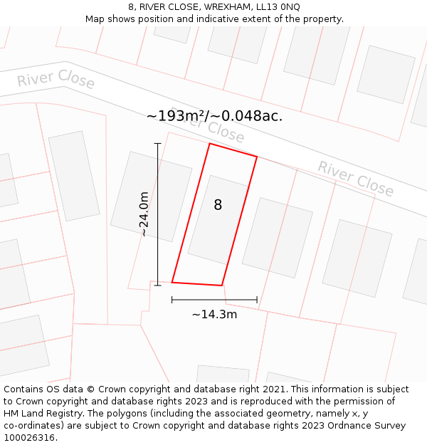 8, RIVER CLOSE, WREXHAM, LL13 0NQ: Plot and title map