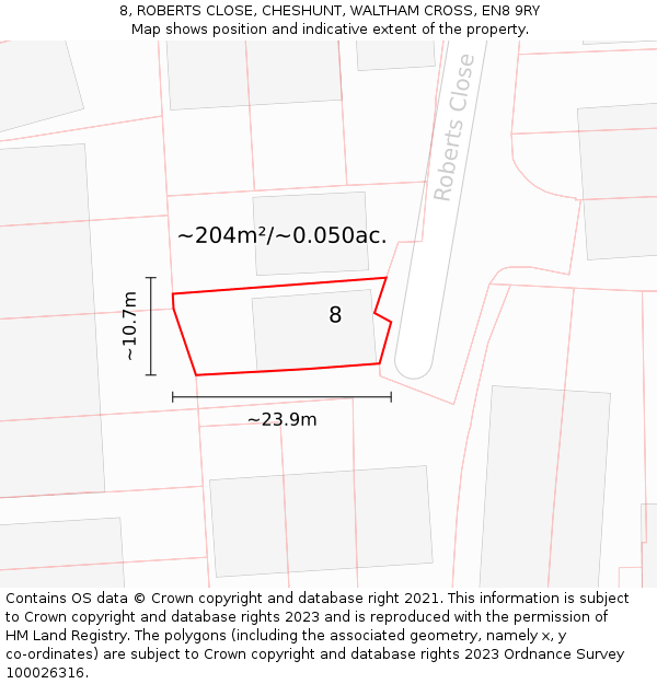 8, ROBERTS CLOSE, CHESHUNT, WALTHAM CROSS, EN8 9RY: Plot and title map