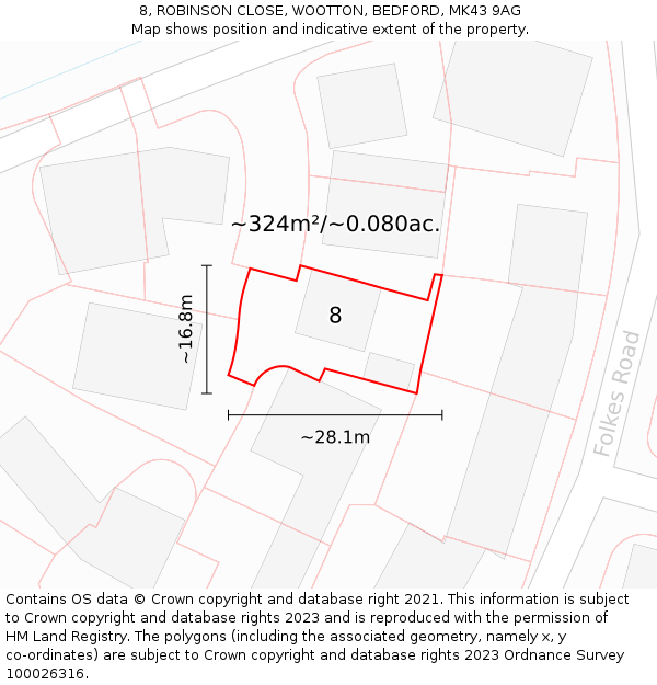 8, ROBINSON CLOSE, WOOTTON, BEDFORD, MK43 9AG: Plot and title map