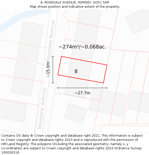 8, ROSEDALE AVENUE, ROMSEY, SO51 5AR: Plot and title map