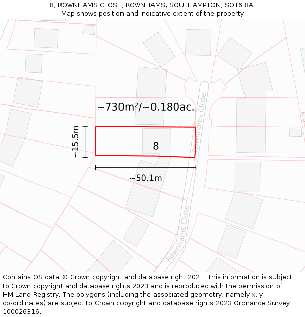 8, ROWNHAMS CLOSE, ROWNHAMS, SOUTHAMPTON, SO16 8AF: Plot and title map