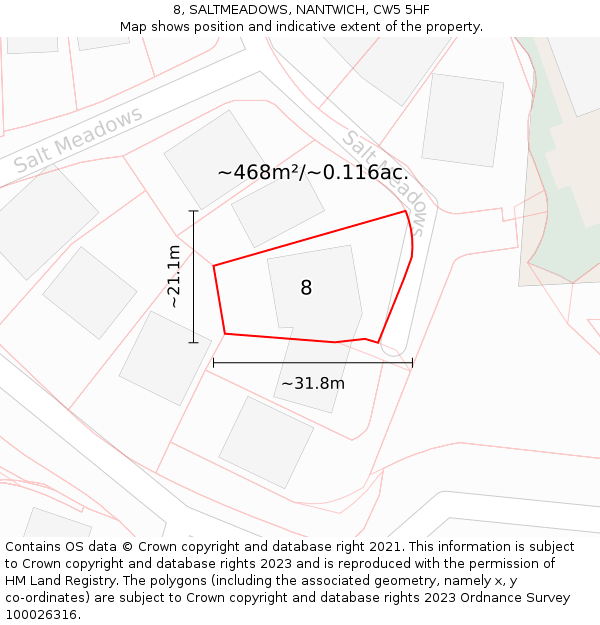 8, SALTMEADOWS, NANTWICH, CW5 5HF: Plot and title map