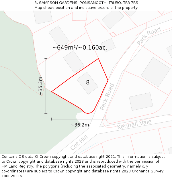 8, SAMPSON GARDENS, PONSANOOTH, TRURO, TR3 7RS: Plot and title map