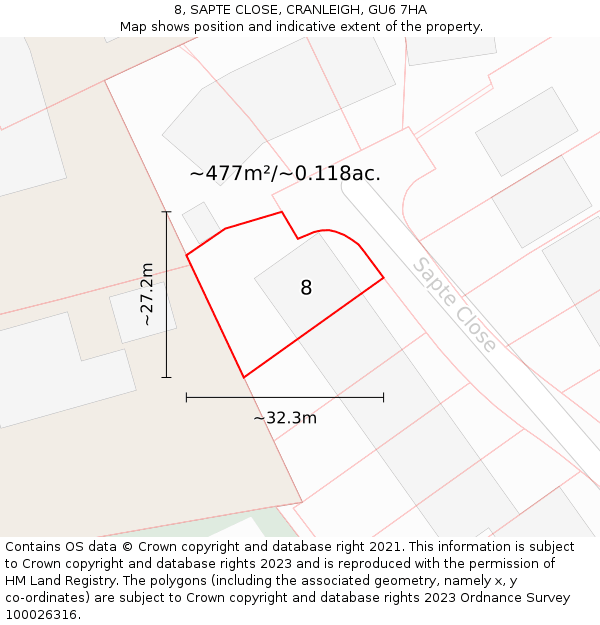 8, SAPTE CLOSE, CRANLEIGH, GU6 7HA: Plot and title map