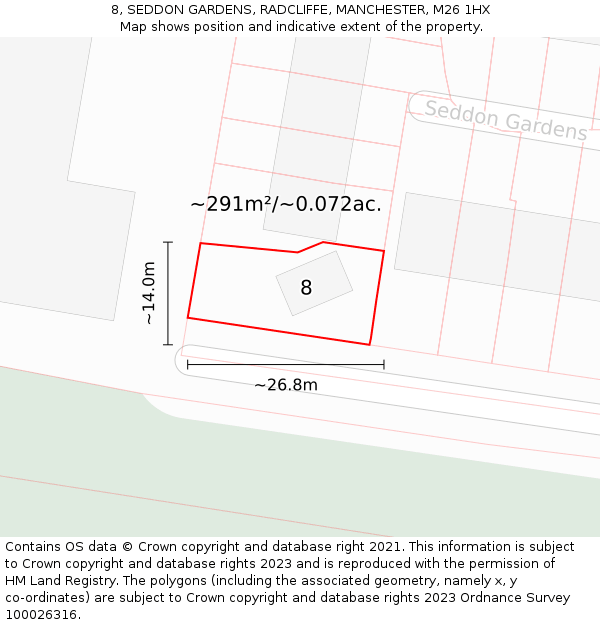 8, SEDDON GARDENS, RADCLIFFE, MANCHESTER, M26 1HX: Plot and title map