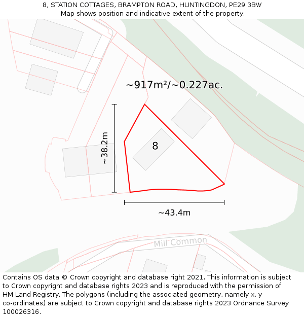 8, STATION COTTAGES, BRAMPTON ROAD, HUNTINGDON, PE29 3BW: Plot and title map